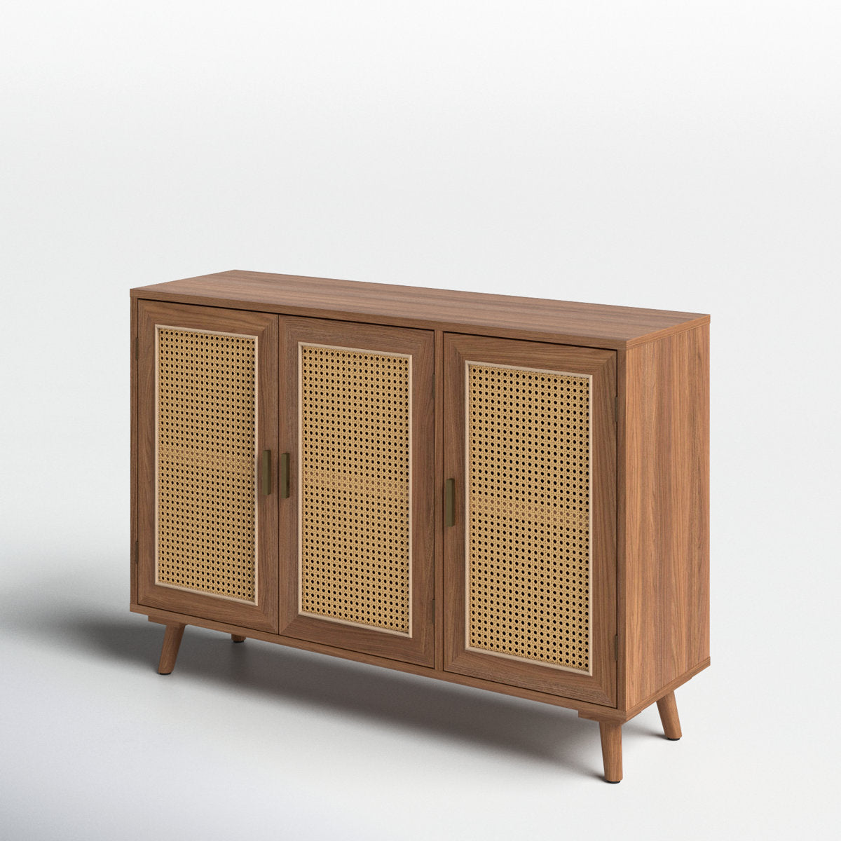 Sideboard with 3 Natural Rattan Doors, Solid and Manufactured Wood, Walnut
