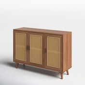 Sideboard with 3 Natural Rattan Doors, Solid and Manufactured Wood, Walnut