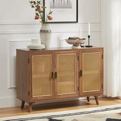 Sideboard with 3 Natural Rattan Doors, Solid and Manufactured Wood, Walnut
