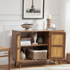 Sideboard with 3 Natural Rattan Doors, Solid and Manufactured Wood, Walnut
