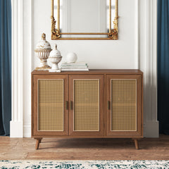 Sideboard with 3 Natural Rattan Doors, Solid and Manufactured Wood, Walnut