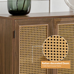 Sideboard with 3 Natural Rattan Doors, Solid and Manufactured Wood, Walnut