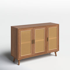 Sideboard with 3 Natural Rattan Doors, Solid and Manufactured Wood, Walnut
