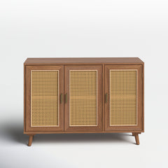 Sideboard with 3 Natural Rattan Doors, Solid and Manufactured Wood, Walnut