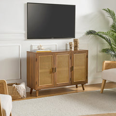 Sideboard with 3 Natural Rattan Doors, Solid and Manufactured Wood, Walnut