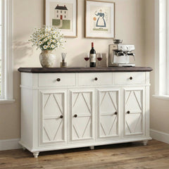 Sideboard with 4 Doors and 3 Drawers in White and Brown Manufactured Wood