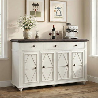Sideboard with 4 Doors and 3 Drawers in White and Brown Manufactured Wood