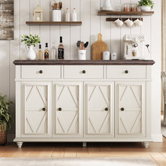 Sideboard with 4 Doors and 3 Drawers in White and Brown Manufactured Wood