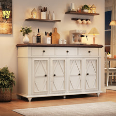 Sideboard with 4 Doors and 3 Drawers in White and Brown Manufactured Wood