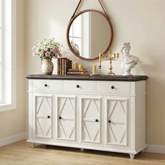 Sideboard with 4 Doors and 3 Drawers in White and Brown Manufactured Wood
