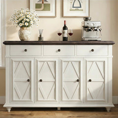 Sideboard with 4 Doors and 3 Drawers in White and Brown Manufactured Wood