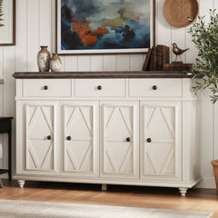 Sideboard with 4 Doors and 3 Drawers in White and Brown Manufactured Wood