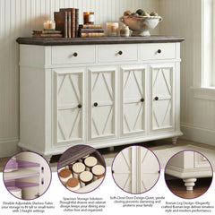 Sideboard with 4 Doors and 3 Drawers in White and Brown Manufactured Wood