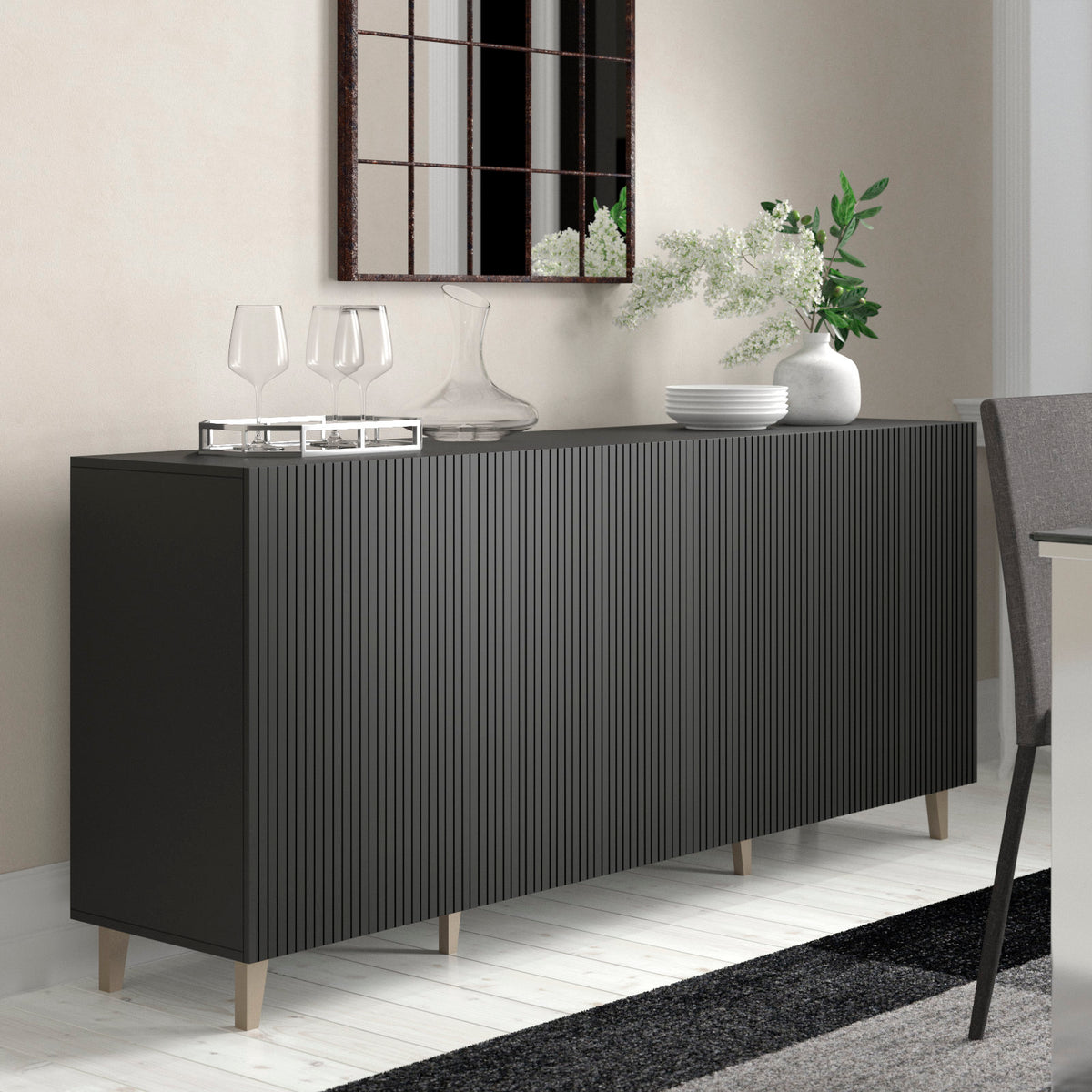 Sideboard with 4 Doors and 8 Shelves in Black Manufactured Wood