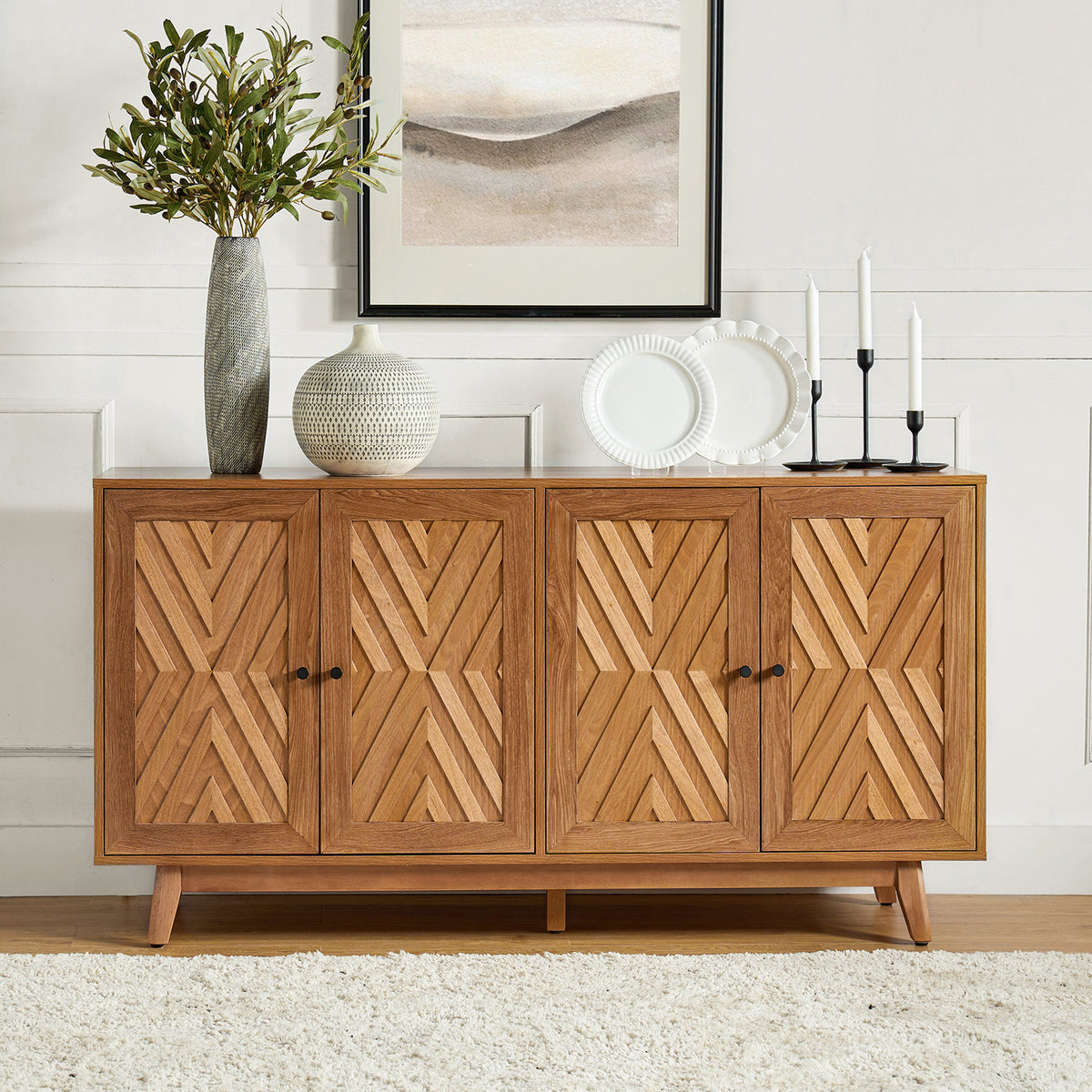 Sideboard with 4 Doors and Chevron Inlay in Walnut