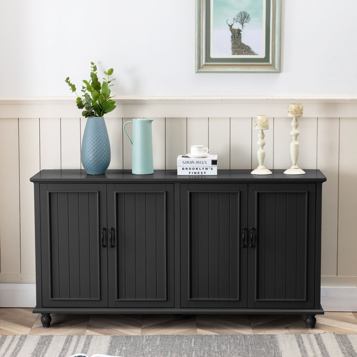 Sideboard with 4 Doors and Coffee Bar Top in Black