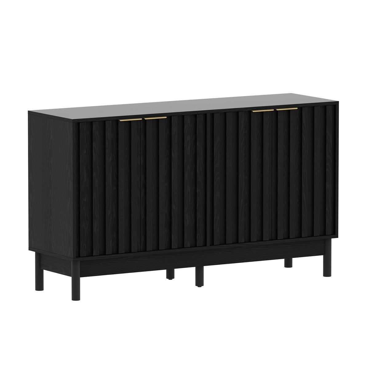 Sideboard with 4 Doors, Black Manufactured Wood and Brass Handles