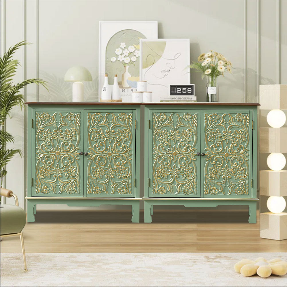 Sideboard with 4 Doors, Green Cabinet with Brown Carved Tabletop