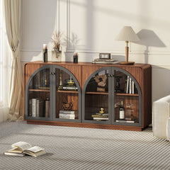 Sideboard with Arched Glass Doors and LED Lights in Walnut