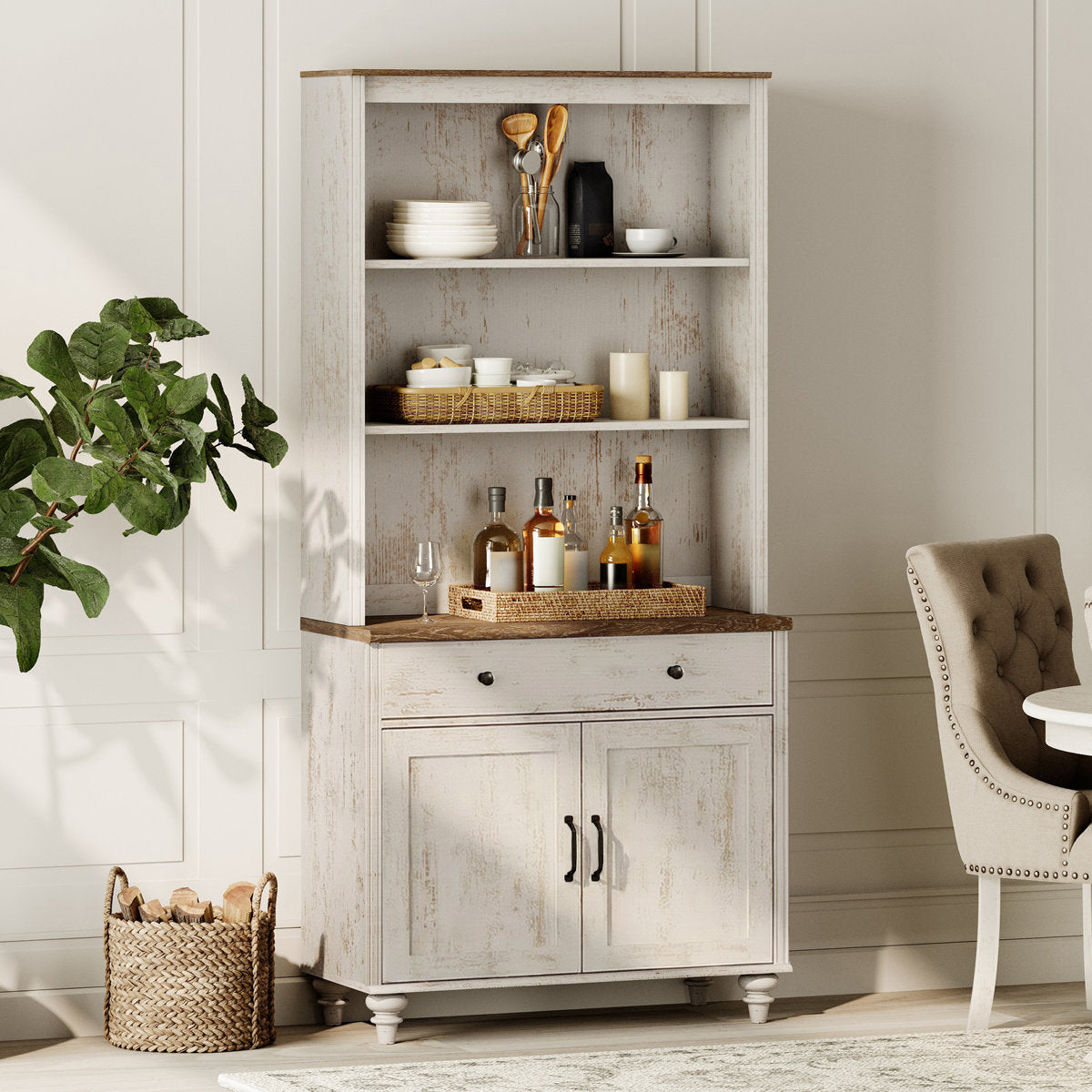Sideboard with Cabinets, Drawers and Shelves in Rustic White and Brown