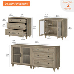 Sideboard with Glass Door Cabinet and Side Table, Solid and Manufactured Wood