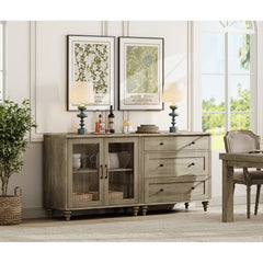 Sideboard with Glass Door Cabinet and Side Table, Solid and Manufactured Wood