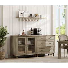 Sideboard with Glass Door Cabinet and Side Table, Solid and Manufactured Wood