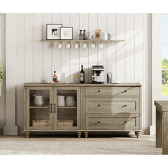 Sideboard with Glass Door Cabinet and Side Table, Solid and Manufactured Wood