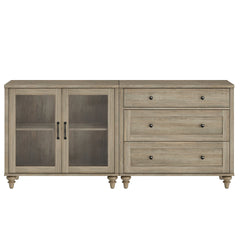 Sideboard with Glass Door Cabinet and Side Table, Solid and Manufactured Wood