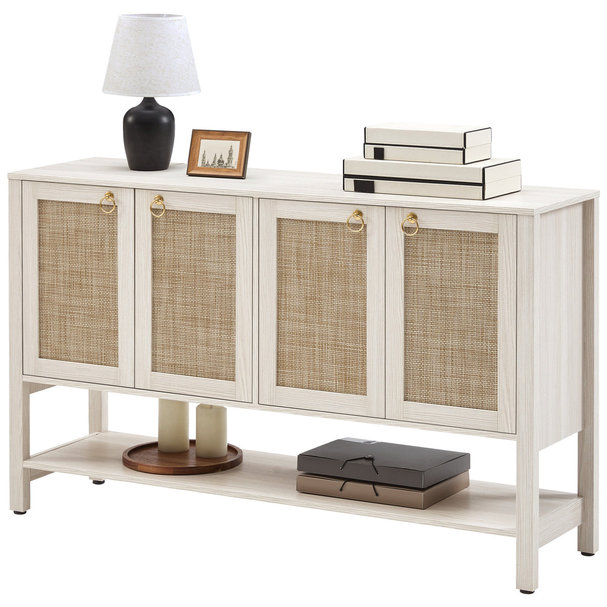 Sideboard with Rattan Detailing in White, Cream, and Oak