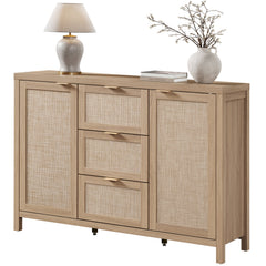 Sideboard with Rattan Panels and Three Drawers in Light Oak