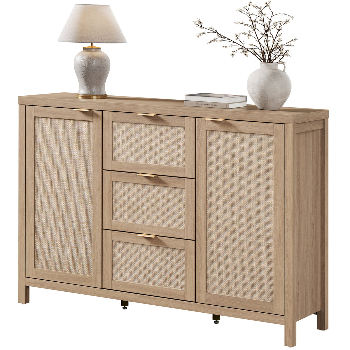 Sideboard with Rattan Panels and Three Drawers in Light Oak