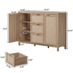 Sideboard with Rattan Panels and Three Drawers in Light Oak