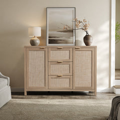 Sideboard with Rattan Panels and Three Drawers in Light Oak
