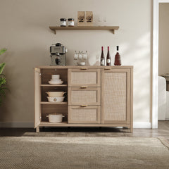 Sideboard with Rattan Panels and Three Drawers in Light Oak