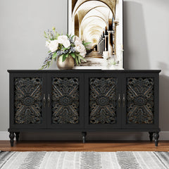Sideboard with Two Cabinets, Carved Floral MDF in Black