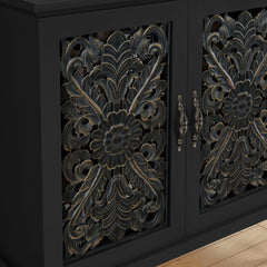 Sideboard with Two Cabinets, Carved Floral MDF in Black