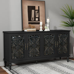 Sideboard with Two Cabinets, Carved Floral MDF in Black