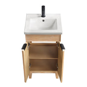 Single Bathroom Vanity, 18 Inch Wide, Fir Wood Brown with White Ceramic Top