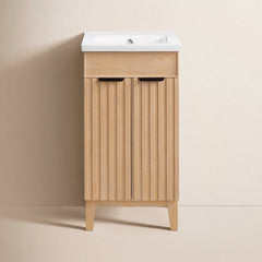 Single Bathroom Vanity, 18 Inch Wide, Fir Wood Brown with White Ceramic Top