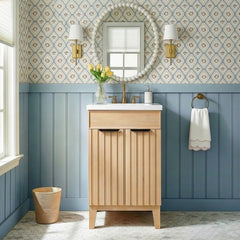 Single Bathroom Vanity, 18 Inch Wide, Fir Wood Brown with White Ceramic Top