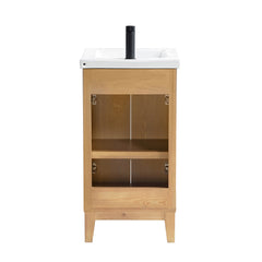 Single Bathroom Vanity, 18 Inch Wide, Fir Wood Brown with White Ceramic Top