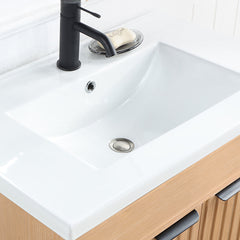 Single Bathroom Vanity, 18 Inch Wide, Fir Wood Brown with White Ceramic Top