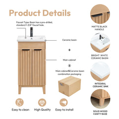 Single Bathroom Vanity, 18 Inch Wide, Fir Wood Brown with White Ceramic Top