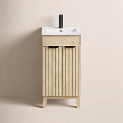 Single Bathroom Vanity, 18 Inch Wide, Fir Wood Brown with White Ceramic Top