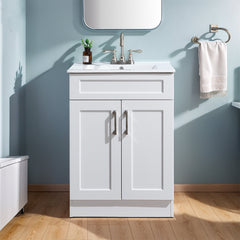Single Bathroom Vanity, 24 In, Manufactured Wood with White Ceramic Sink