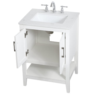 Single Bathroom Vanity, 24 in, White with Engineered Marble Top and Porcelain Sink
