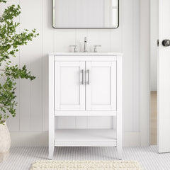 Single Bathroom Vanity, 24 in, White with Engineered Marble Top and Porcelain Sink