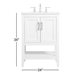 Single Bathroom Vanity, 24 in, White with Engineered Marble Top and Porcelain Sink