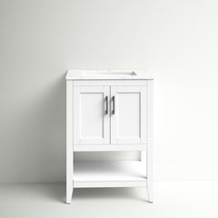Single Bathroom Vanity, 24 in, White with Engineered Marble Top and Porcelain Sink
